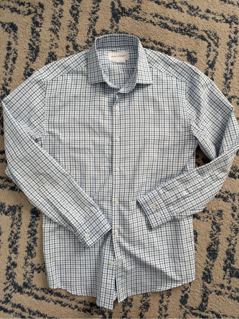 Ministry of Supply White and Navy Grid Dress Shirt